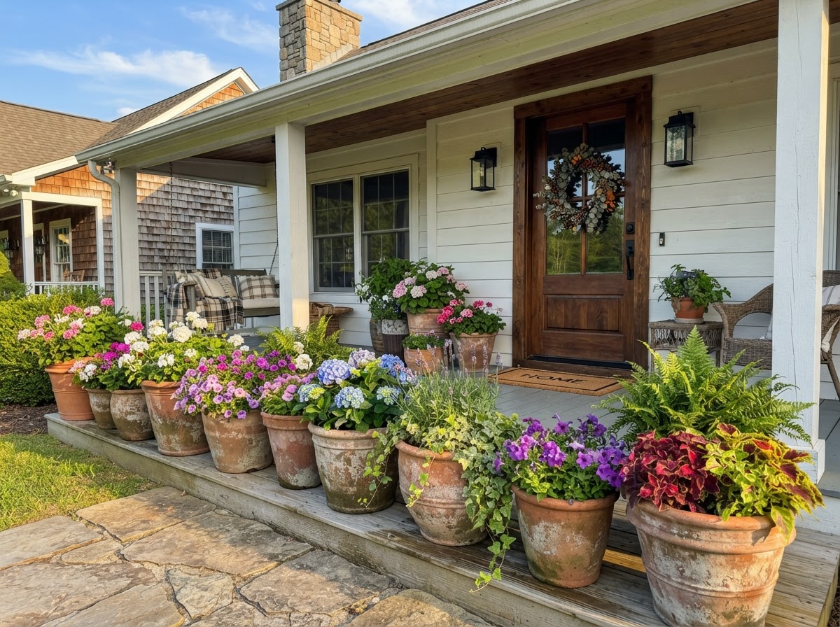 Front porch container garden with pots
