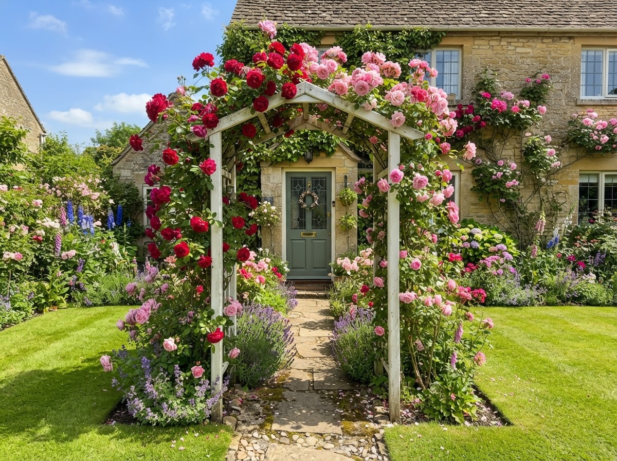 Rose garden entry with arbor