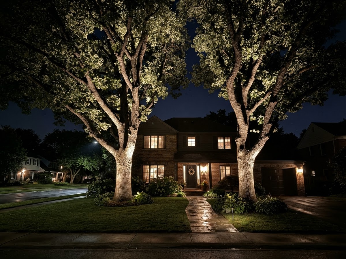 Up-lighting on trees at night