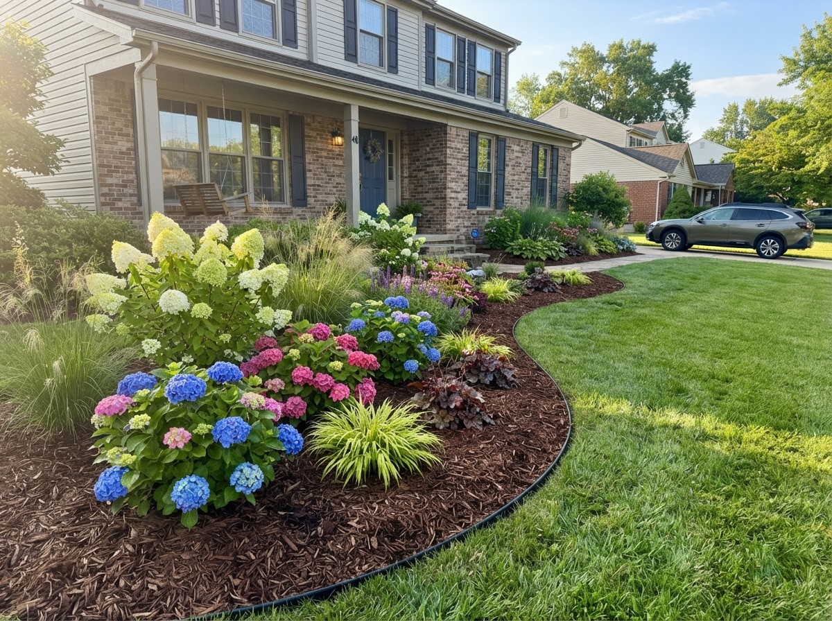 Curved garden bed with mulch
