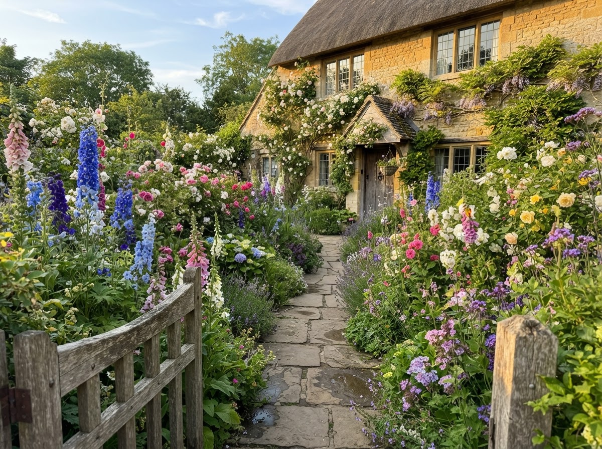 English cottage front garden with mixed flowers