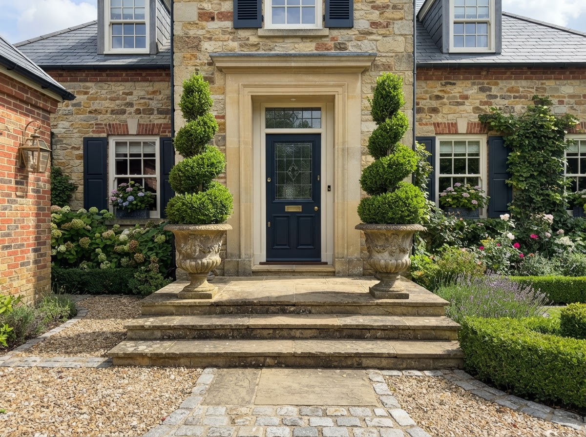 Spiral topiary trees in urns flanking door