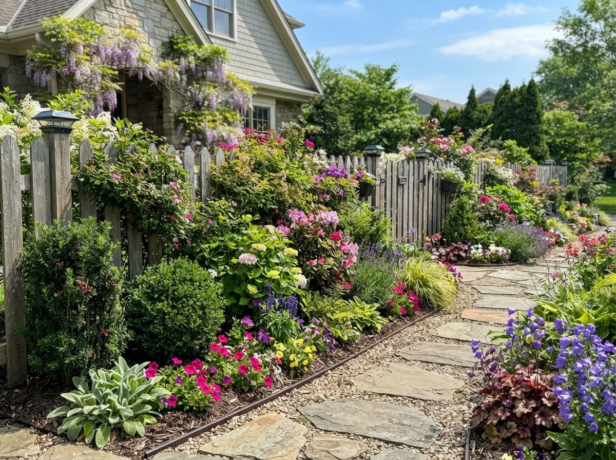 Mixed shrub border with annual flowers
