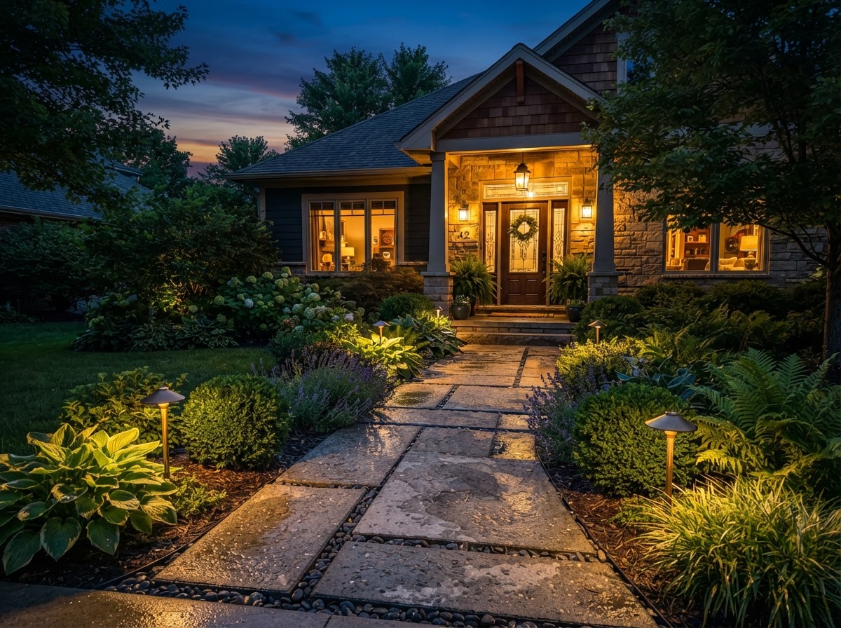 Paver walkway with landscape lighting at dusk