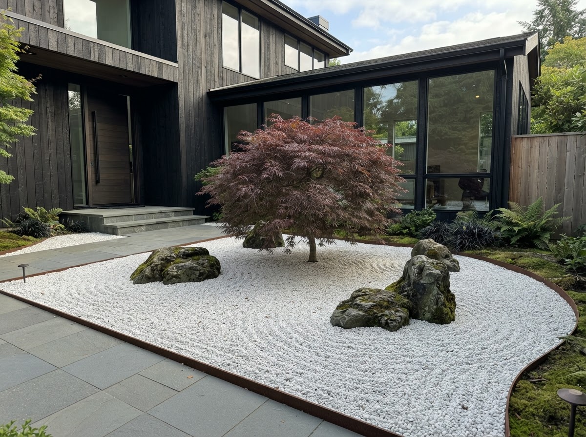Zen pebble garden with Japanese maple