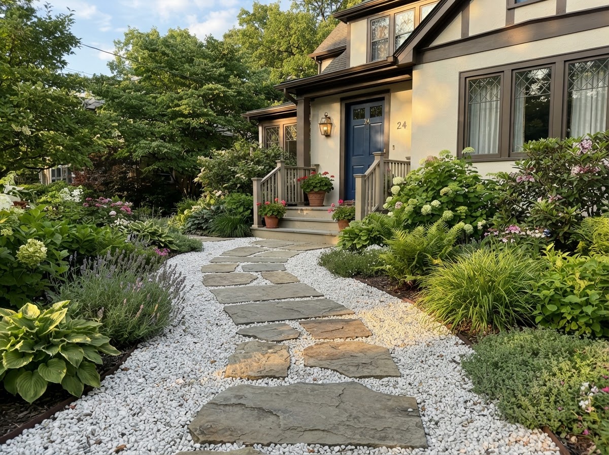 Flagstone stepping stone path through gravel