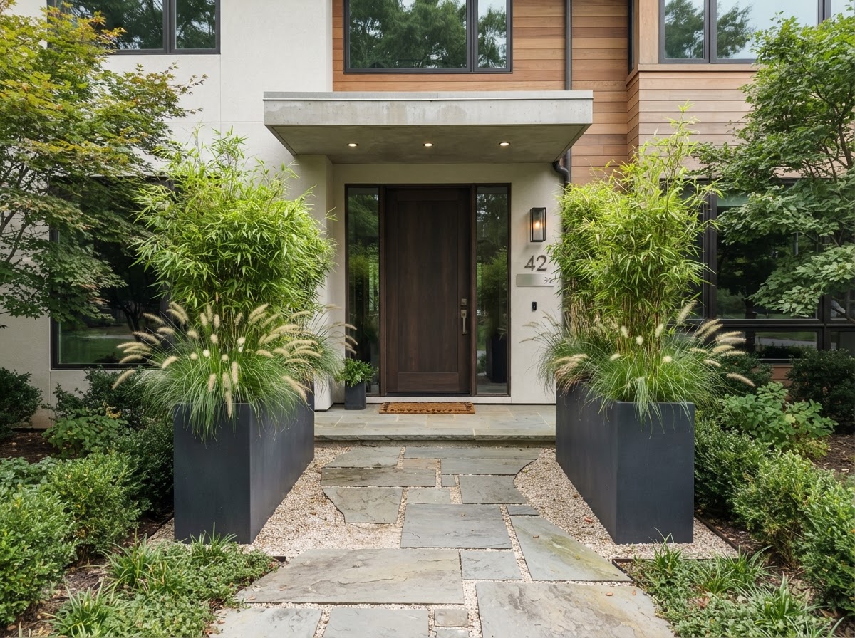Modern planter boxes with bamboo