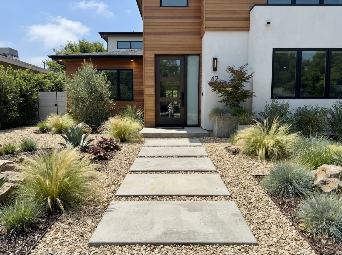 Pea gravel with concrete stepping stones