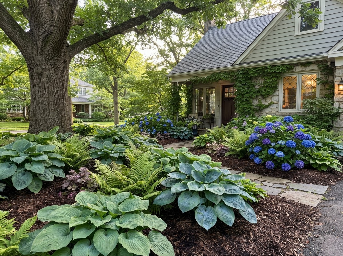 Shade garden with hostas and hydrangeas