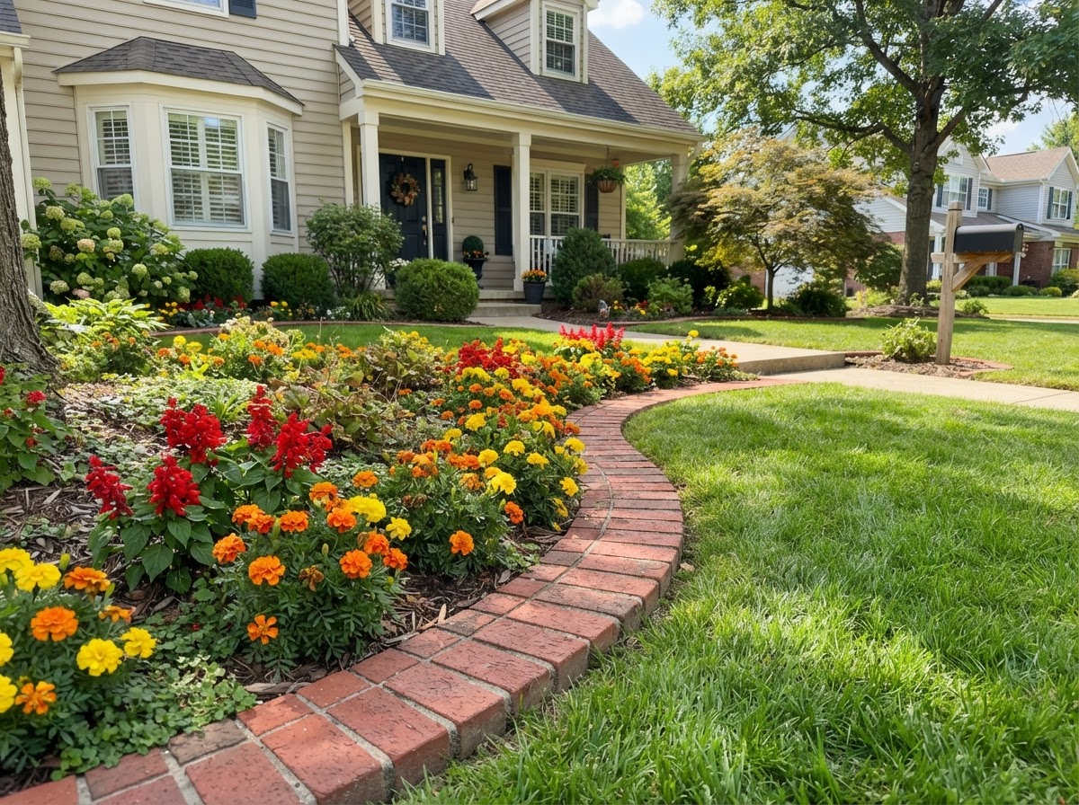 Brick edging around flower bed
