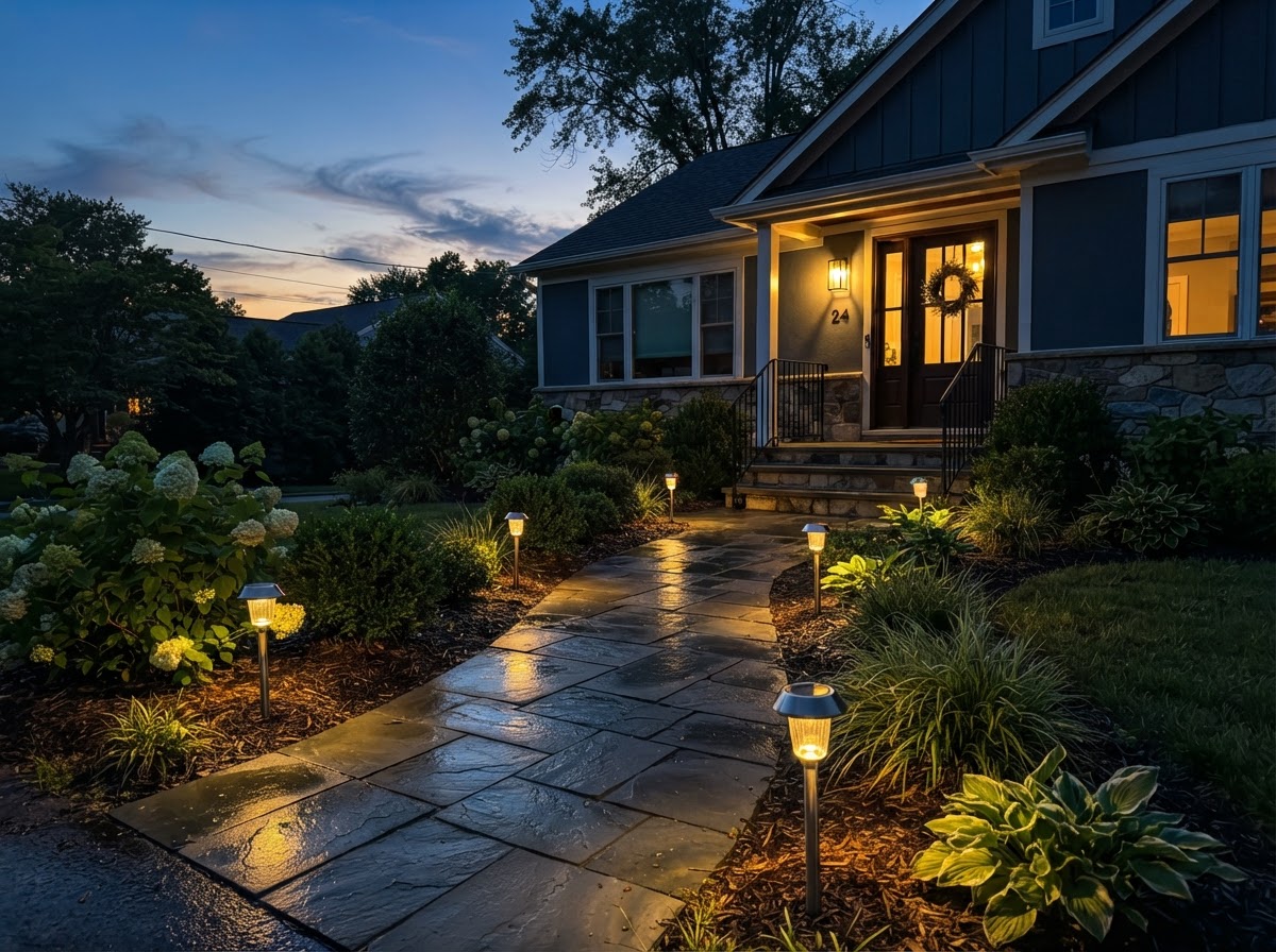 Solar path lights along walkway at dusk