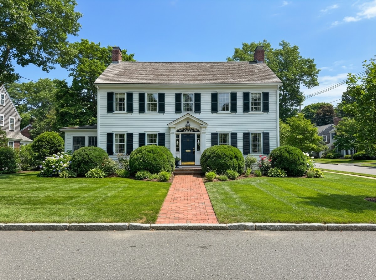 Colonial home with symmetrical shrubs