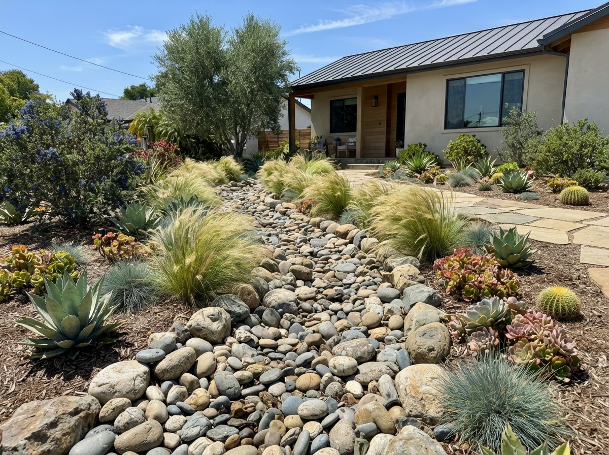 River rock dry creek bed with grasses