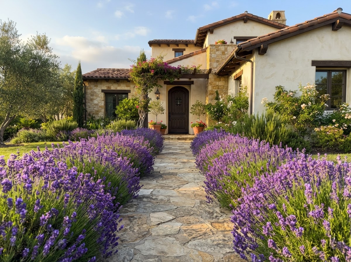 Lavender border along stone walkway