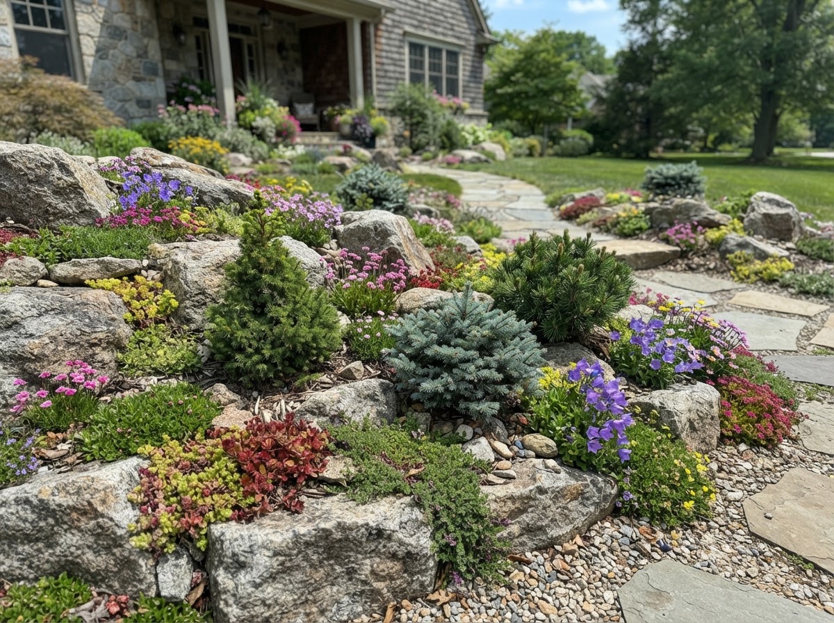 Alpine rock garden with conifers