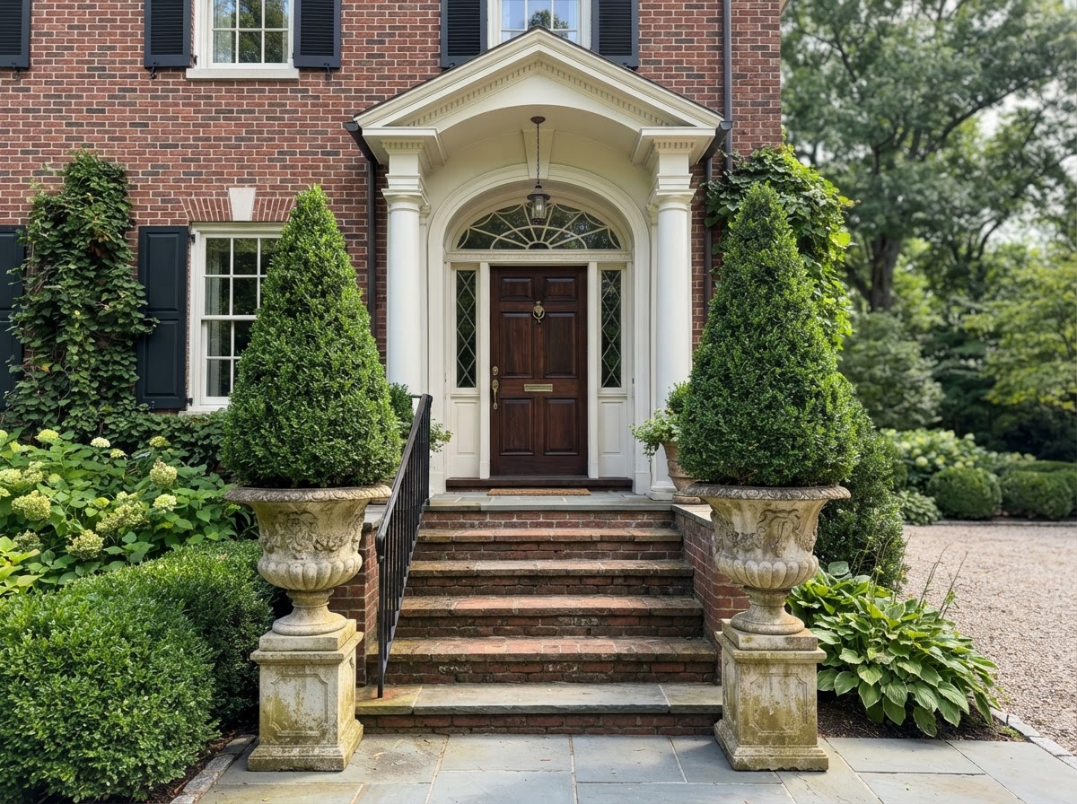 Symmetrical stone urn planters flanking entrance