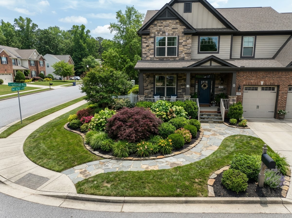 Corner lot landscaping with curved beds
