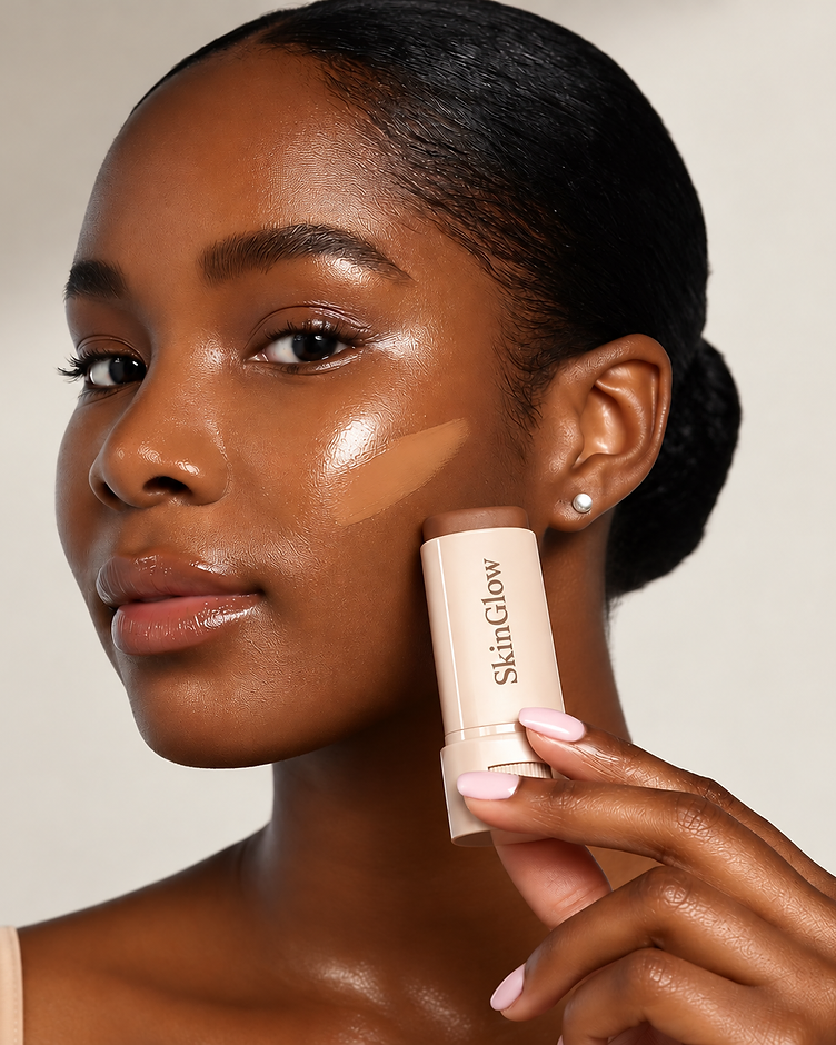 Woman applying the Vanselle SkinGlow Stick to her cheek