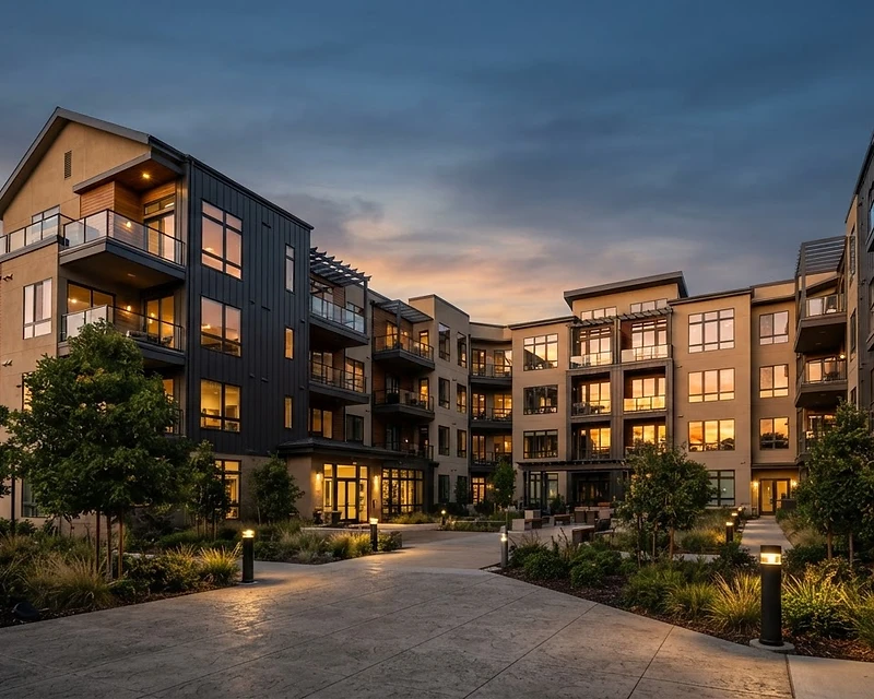 Flagship multifamily building at golden hour