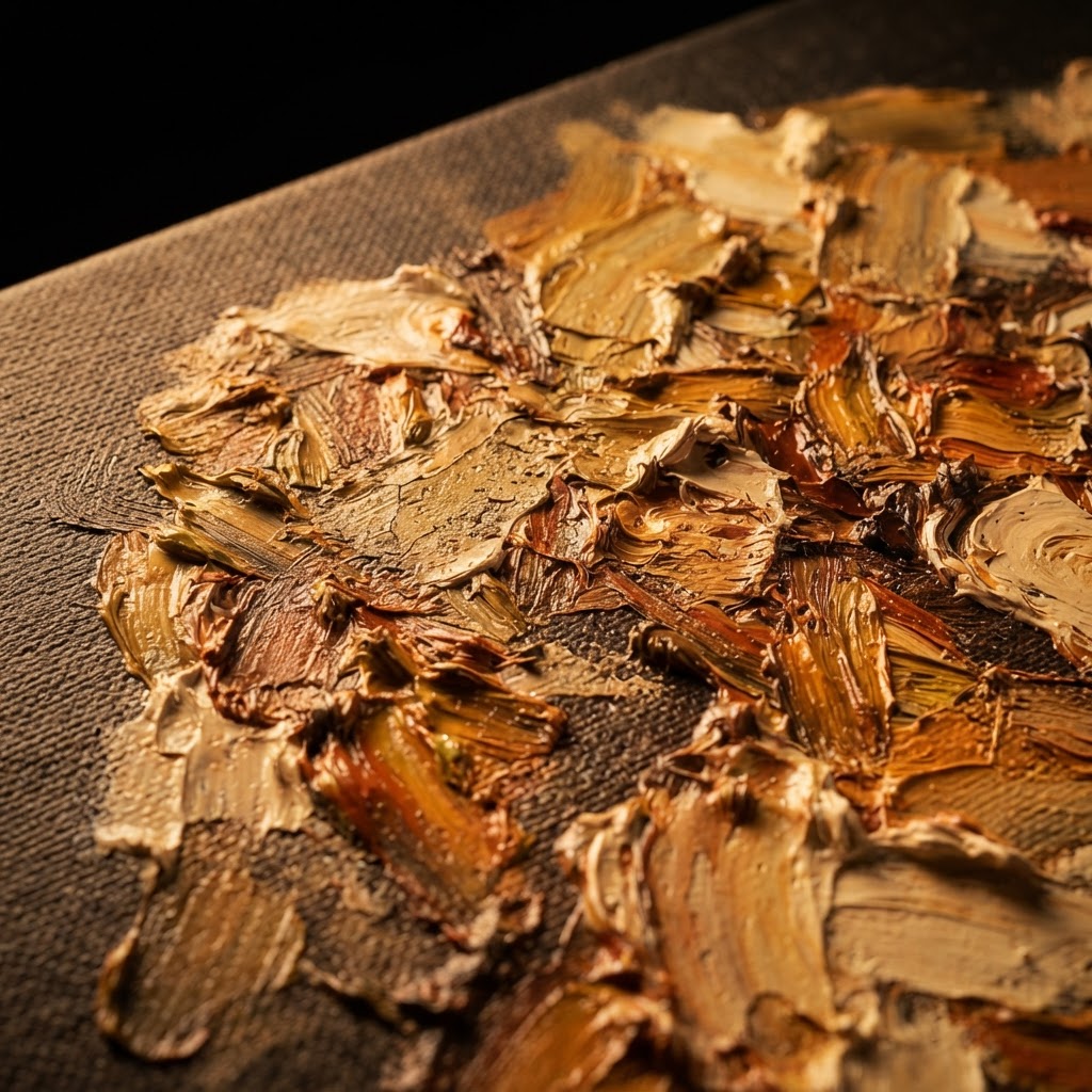 Close-up of oil paint texture in warm gold and ochre tones