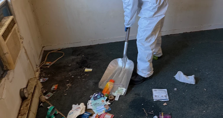 Personne en combinaison de protection ramassant les déchets au sol dans un logement.