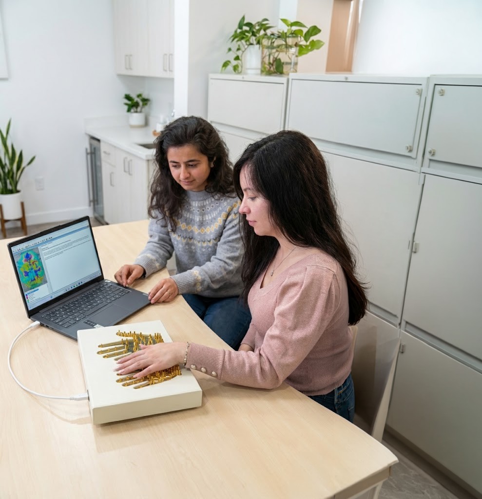 Practitioner and client reviewing a Biopulsar - Reflexograph reading on a laptop