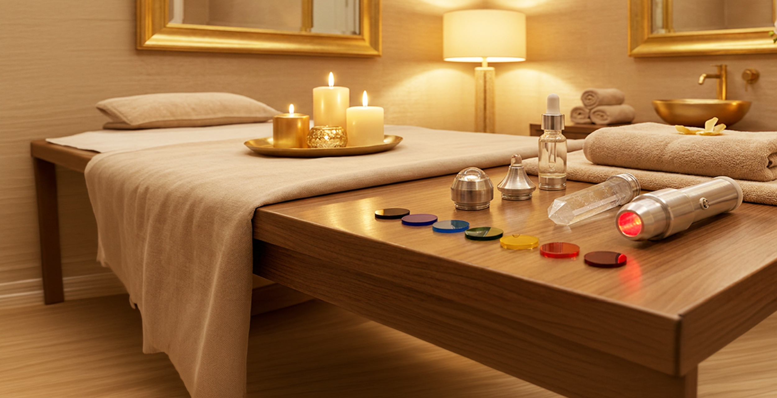 ChromaLight Penlight treatment on a spa table with seven colour filters