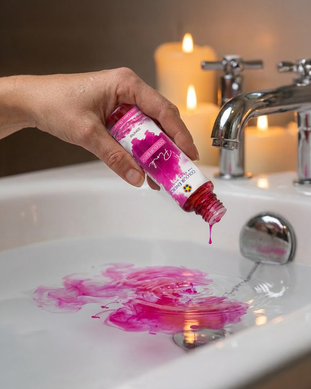 Pouring Pink Colour Bath® into running bath water