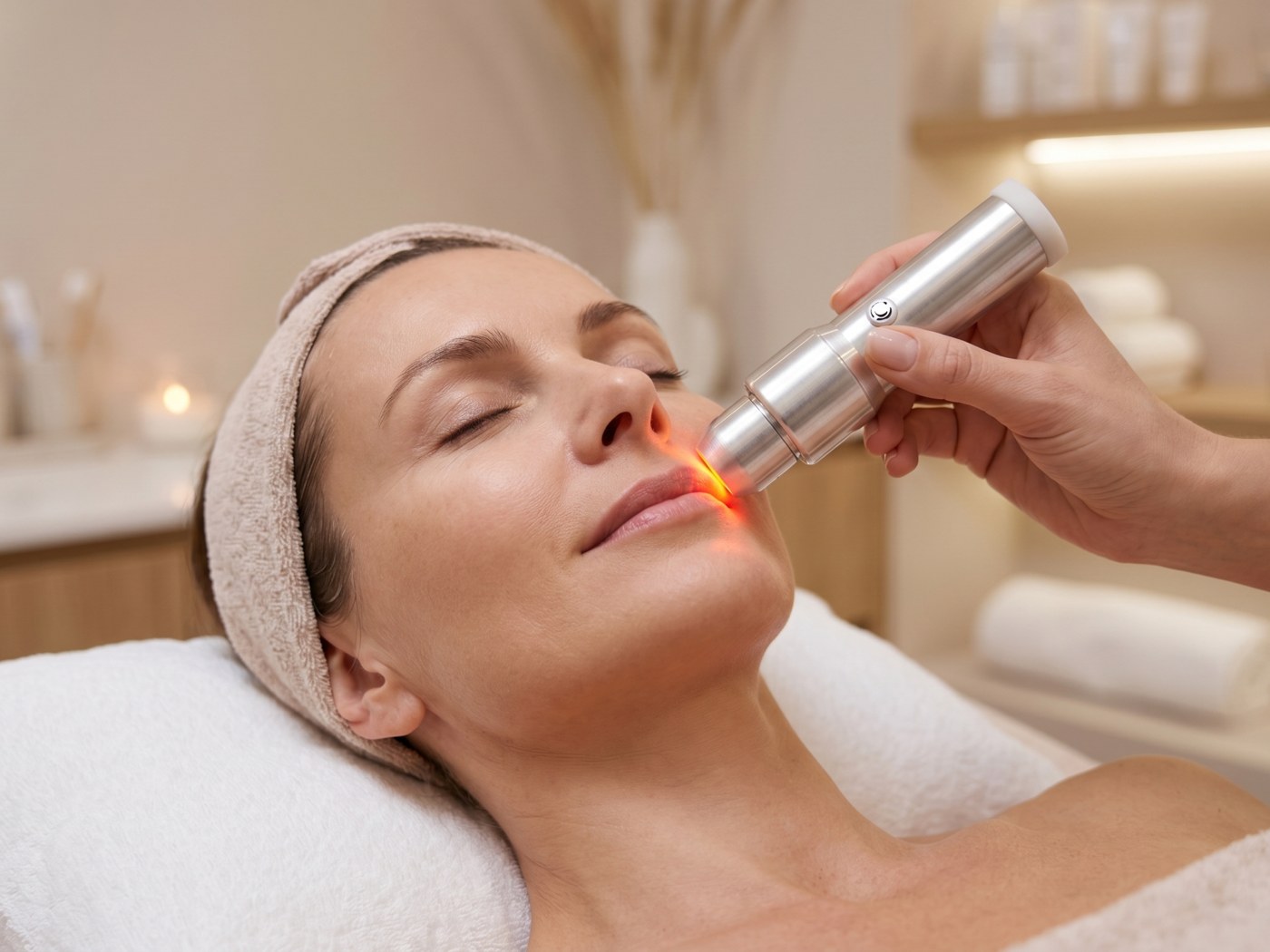 Holistic light therapist applying the ChromaLight™ penlight during a facial treatment