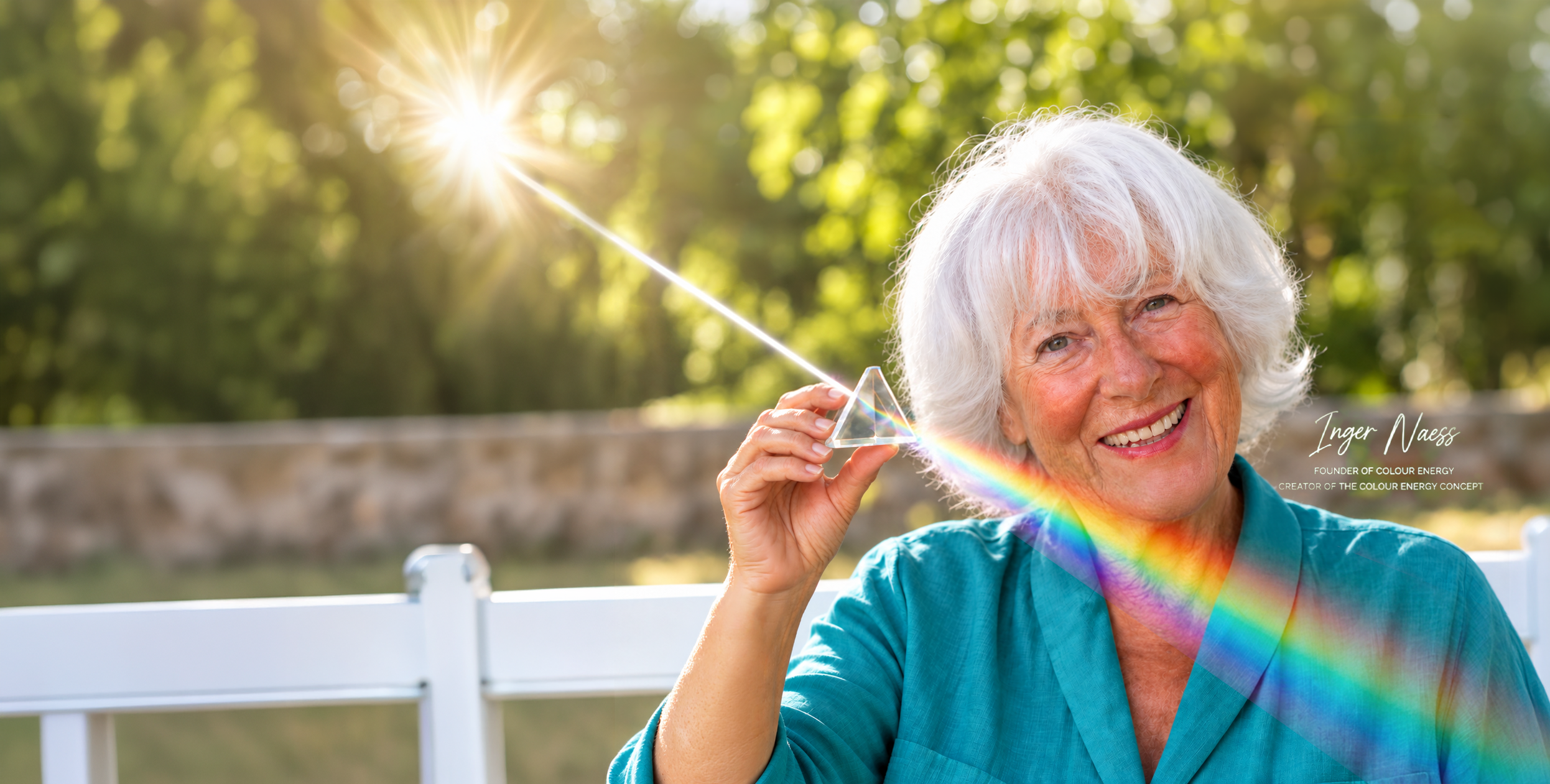Inger Naess holding a glass prism projecting a rainbow