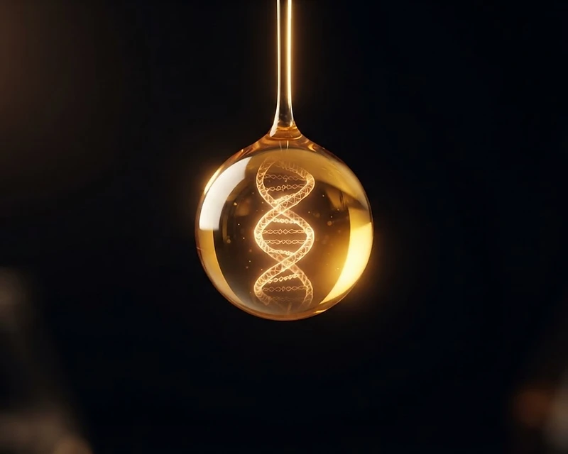 A single drop of golden liquid refracting laboratory light, representing refined collagen