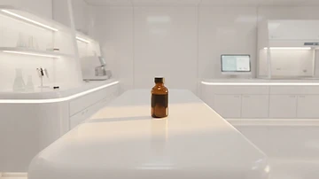 Pristine futuristic laboratory bench with an amber glass bottle