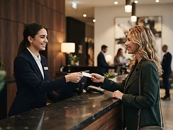 Front desk agent welcoming a guest