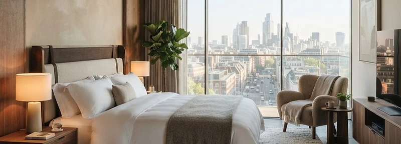 Modern hotel suite with a city view representing a booking-focused hotel website