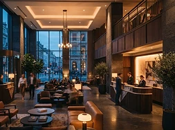 Modern hotel lobby at dusk
