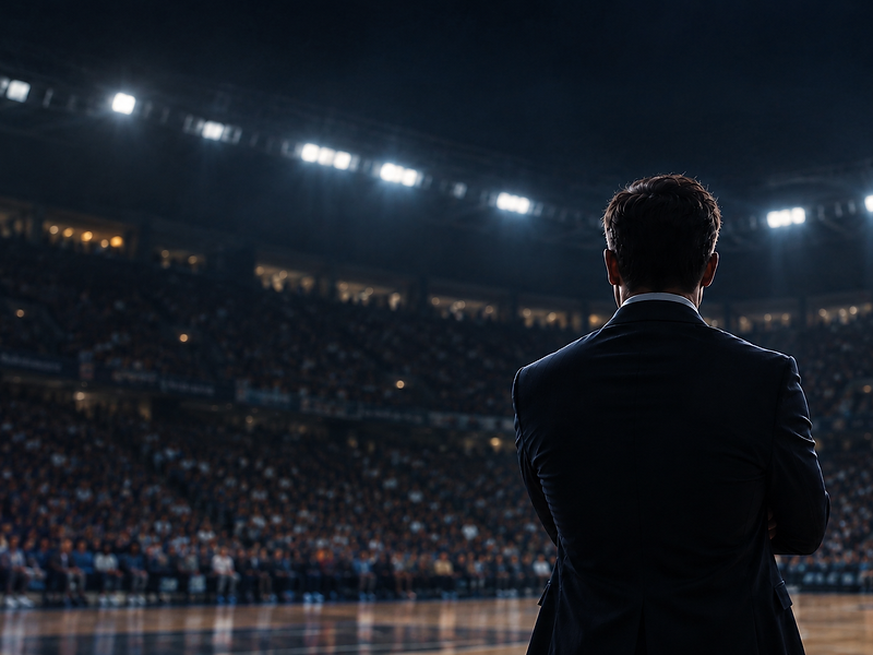A basketball manager seen from behind, looking out over a packed arena