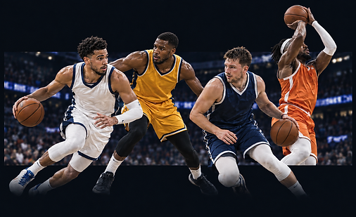Four basketball players in action under the arena lights