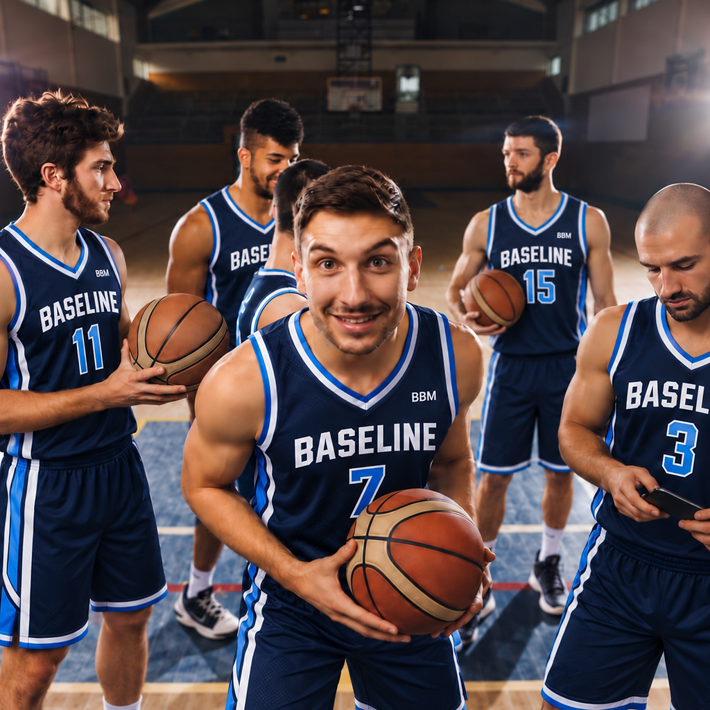 Baseline Basketball Manager 27 squad in navy BBM jerseys on an indoor court