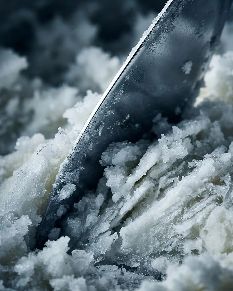 Stainless steel paddle cutting through frozen texture