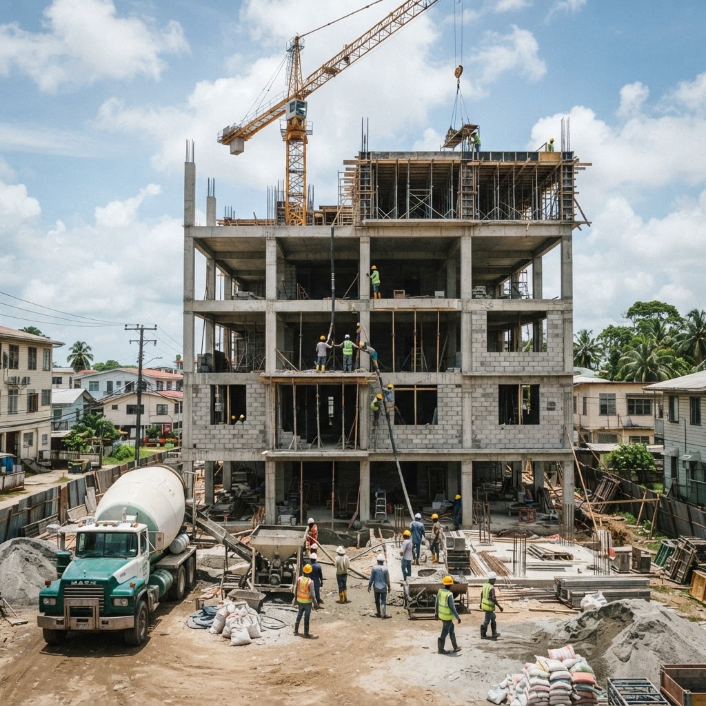 Reinforced concrete building under construction in Georgetown