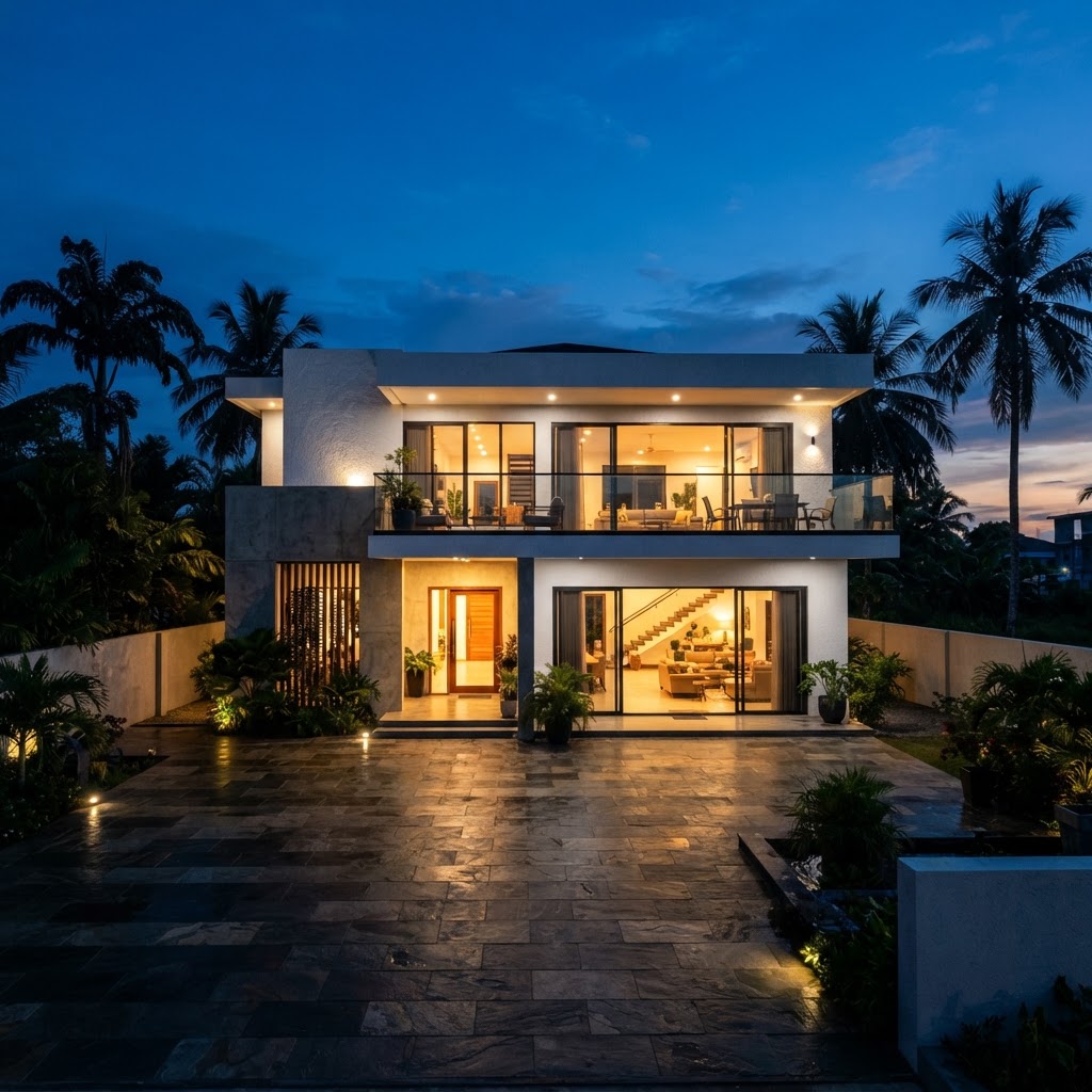 Completed concrete residence at dusk