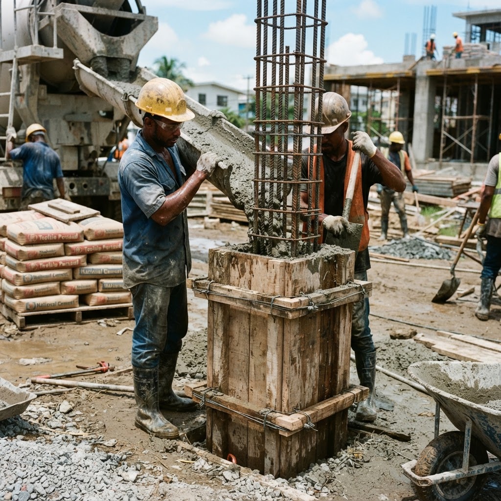 Pouring reinforced concrete columns on a JSB construction site