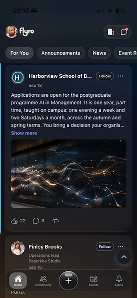 Application Flyro — fil avec les publications des membres