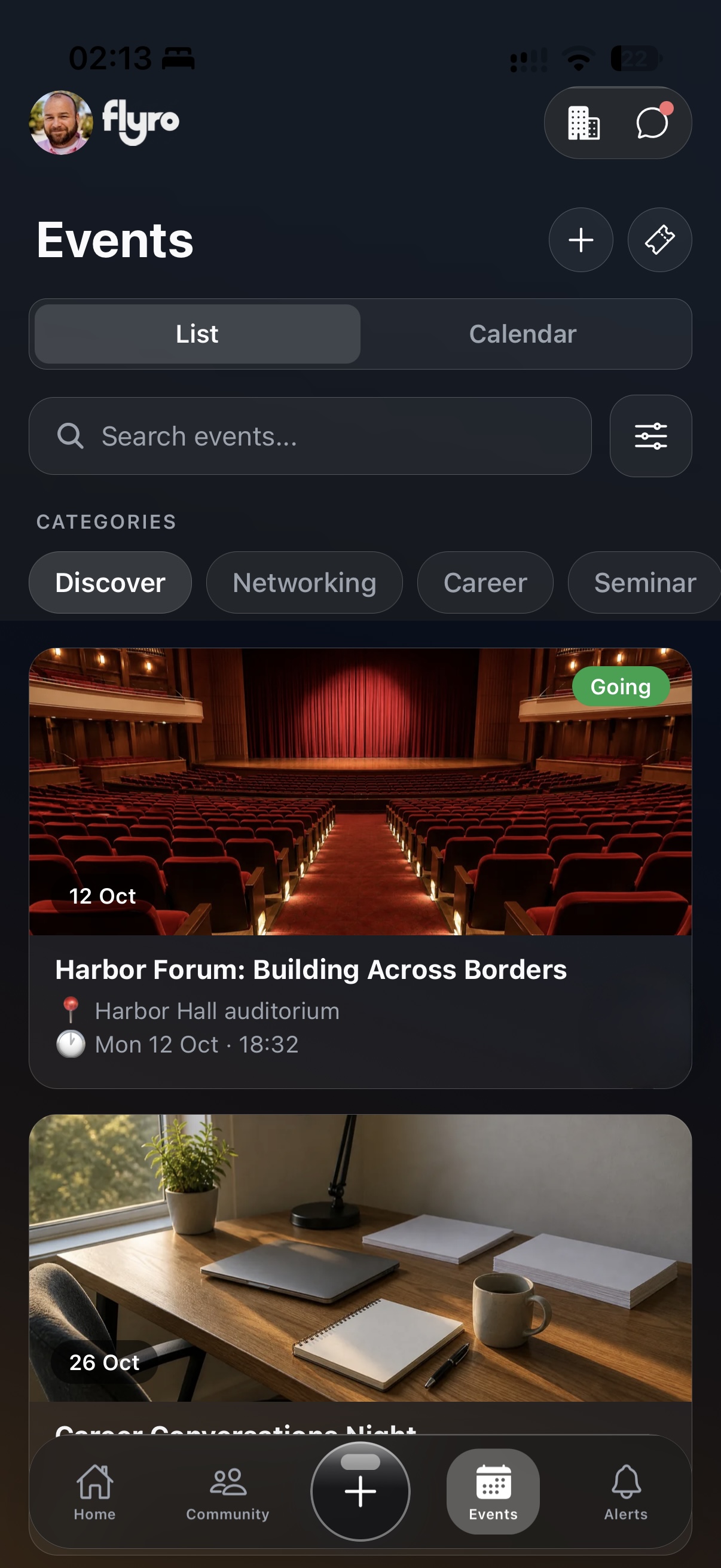 Flyro app — events list