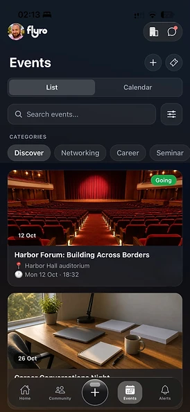 Application Flyro — liste des événements