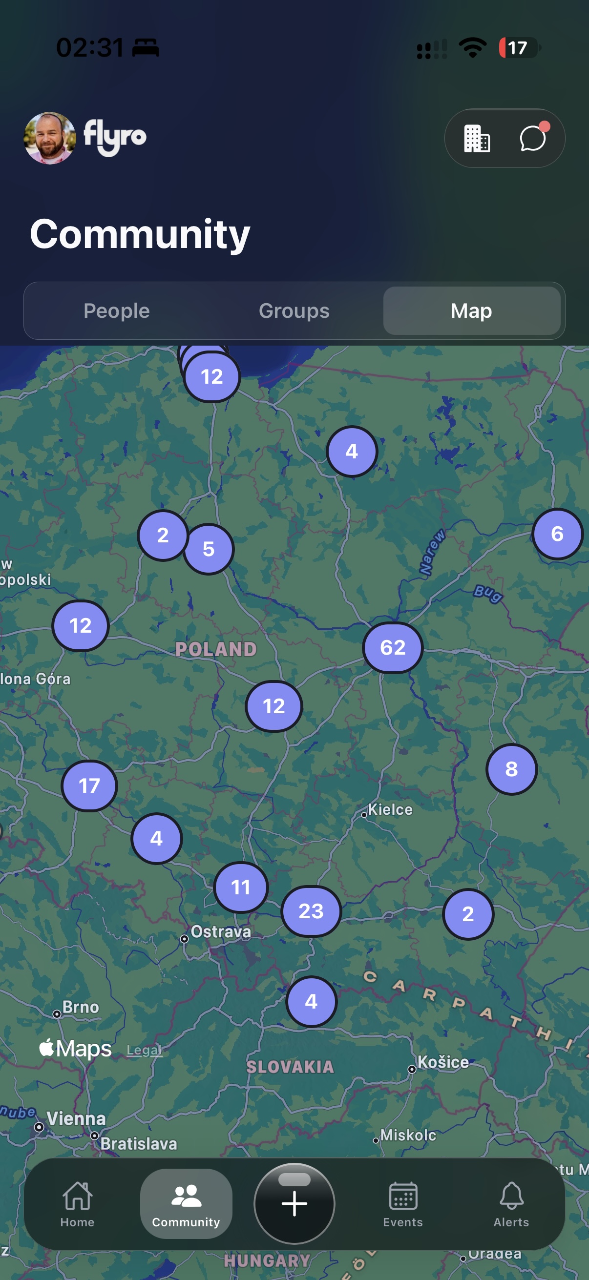 Flyro app — alumni map