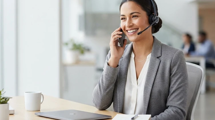 A Messenger Studio receptionist wearing a headset on a call in a bright, modern office