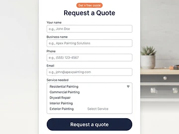 Mockup of a modern website quote request form with name, business, phone, email and service fields