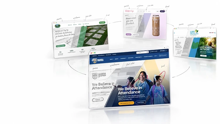 A collage of web design projects for Central Valley businesses, shown as browser windows from sketch to final design