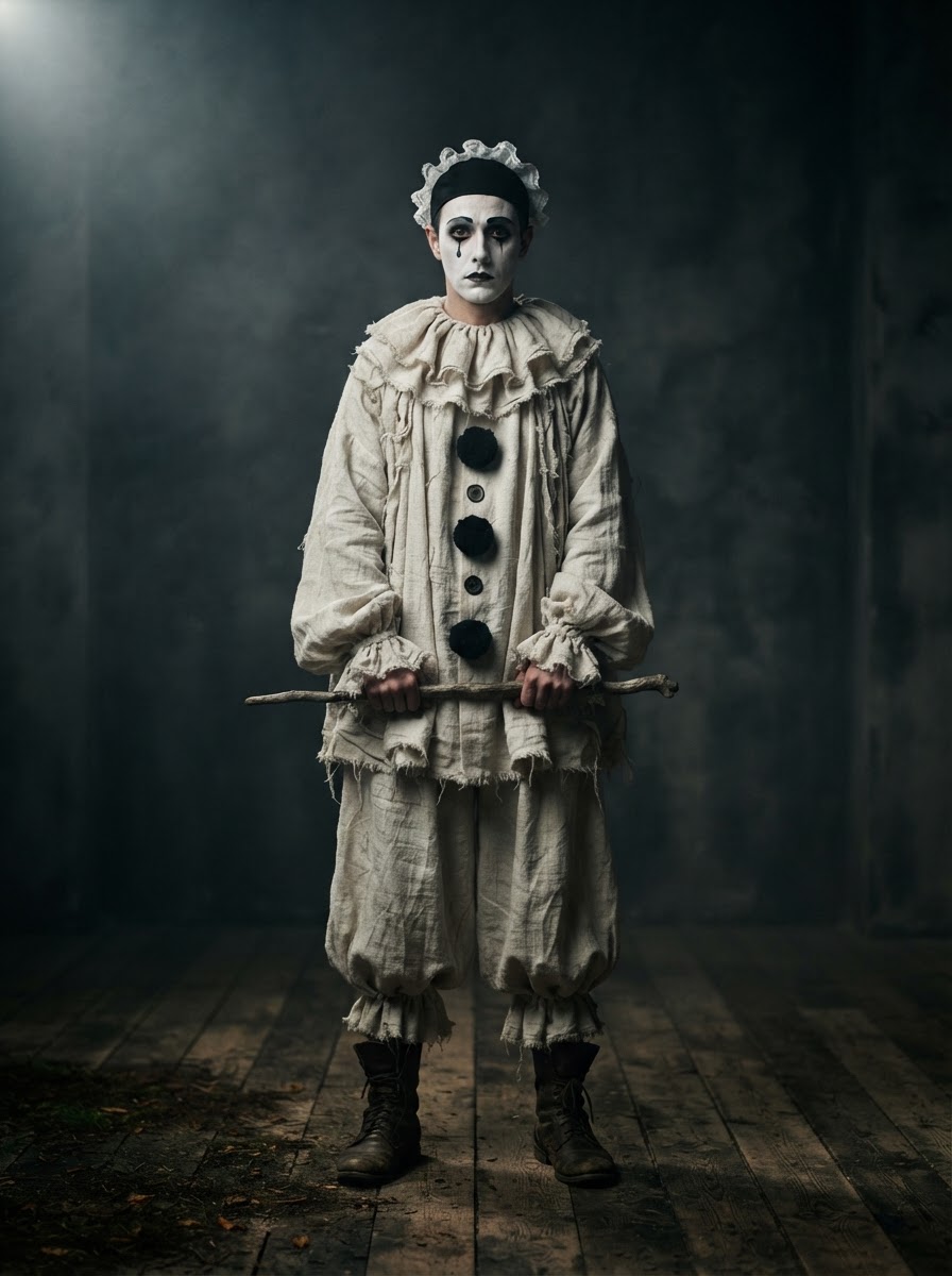 Cinematic avant-garde portrait of a figure in an obscure vintage Pierrot clown costume